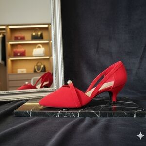Chic Red Kitten Heels With Pearl Detail